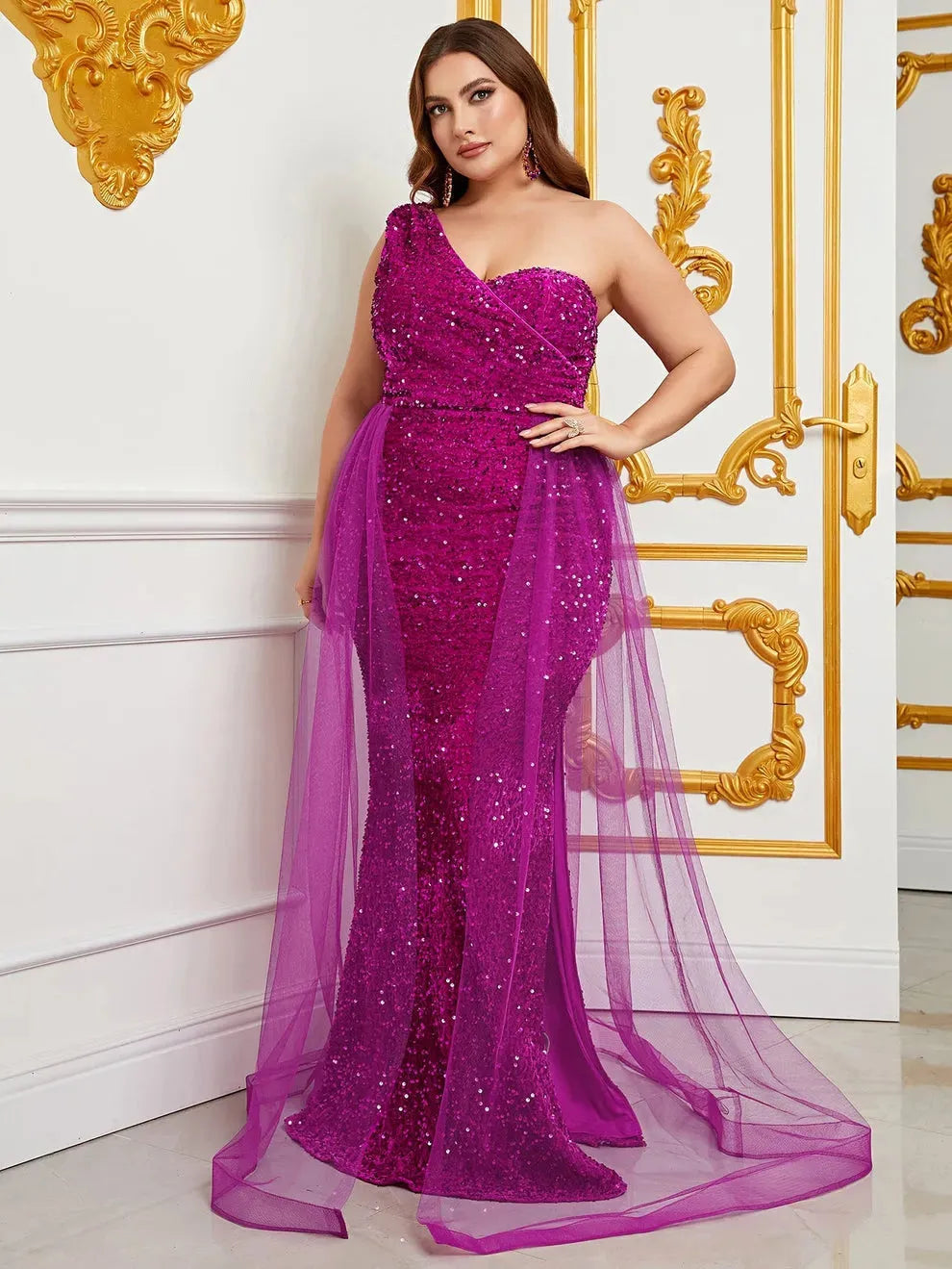 Plus-Size Size One-Shoulder Sequin Mermaid Evening Dress — authorized product image 3