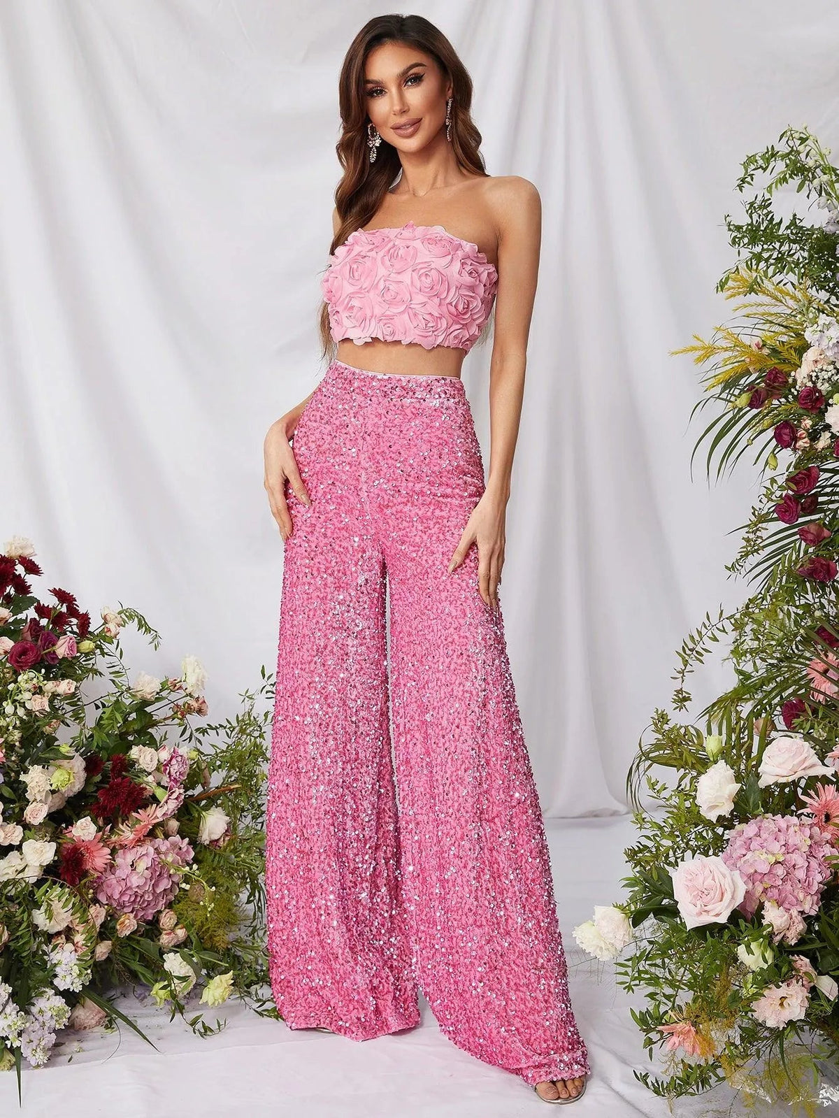 Alternate view of Strapless Sequin Sleeveless Women's Two-Piece Formal Set in Pink