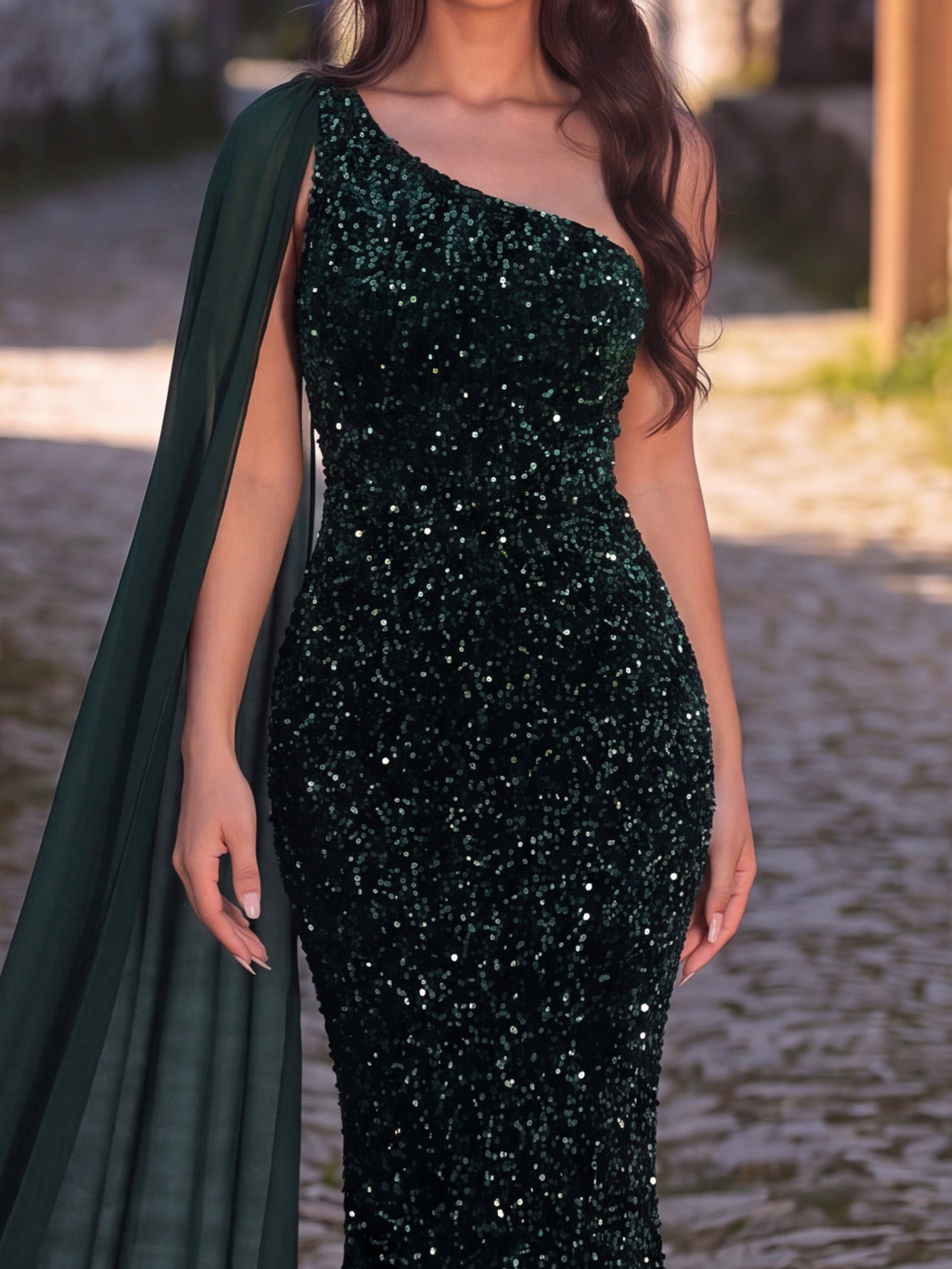 Elegant Sequin One Shoulder Sash Prom Dresses