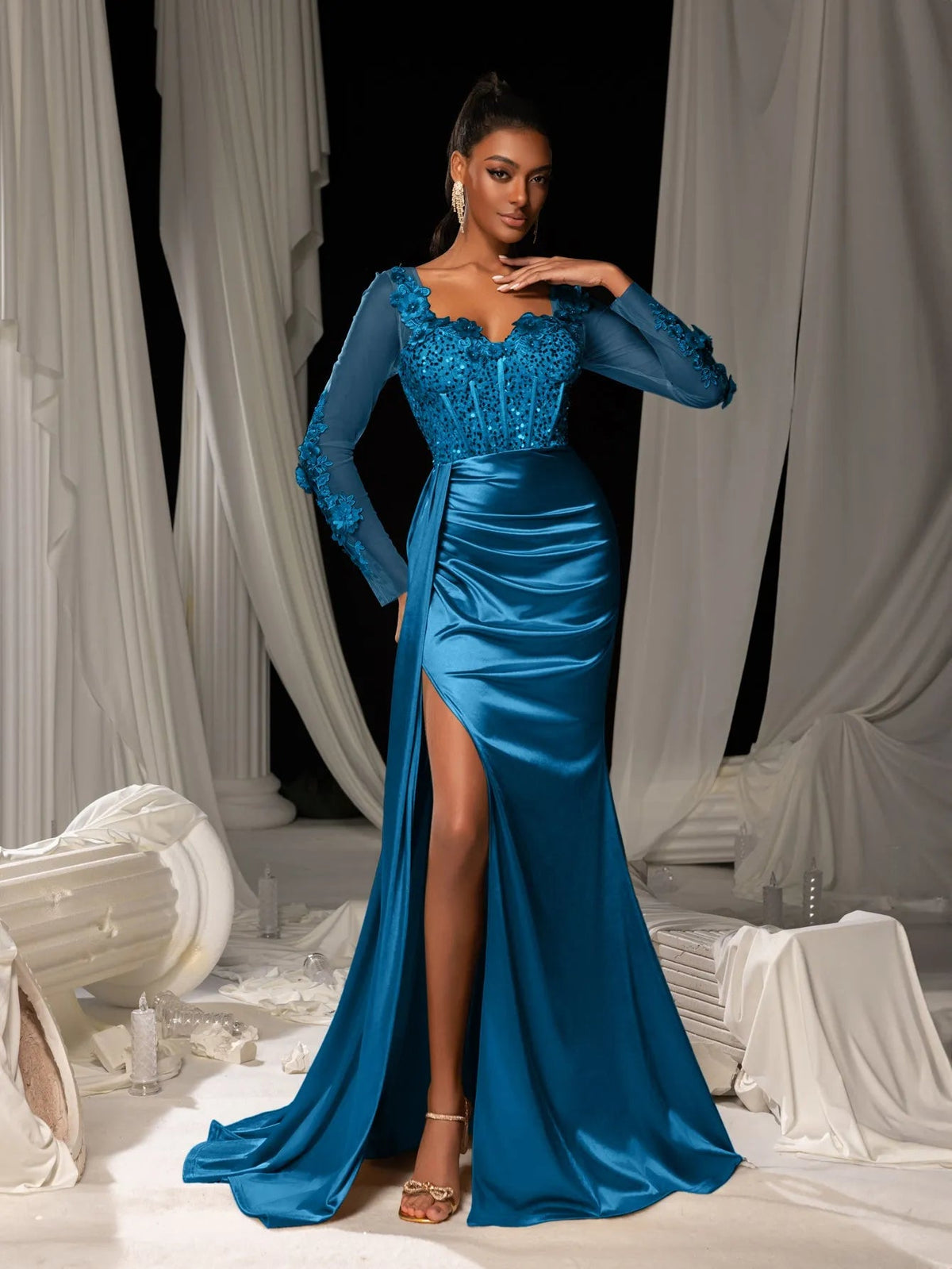 Additional view of Sequin Bodice Sheer Sleeve Mermaid Hem Satin Evening Dress