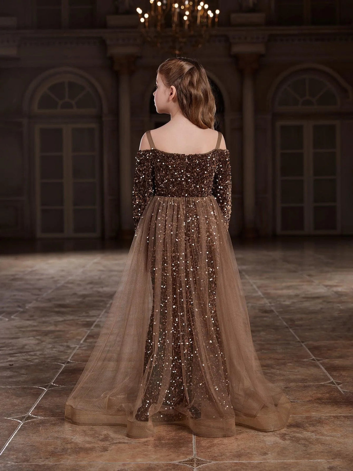 Additional product view of Mesh Overlay Off-Shoulder Sequin Mermaid Long-Sleeve Tween Girls' Party Dress