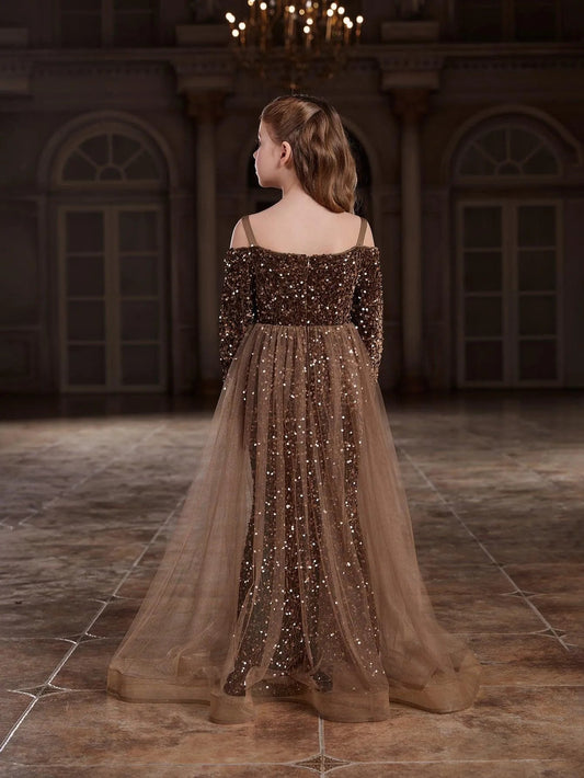 Additional product view of Mesh Overlay Off-Shoulder Sequin Mermaid Long-Sleeve Tween Girls' Party Dress