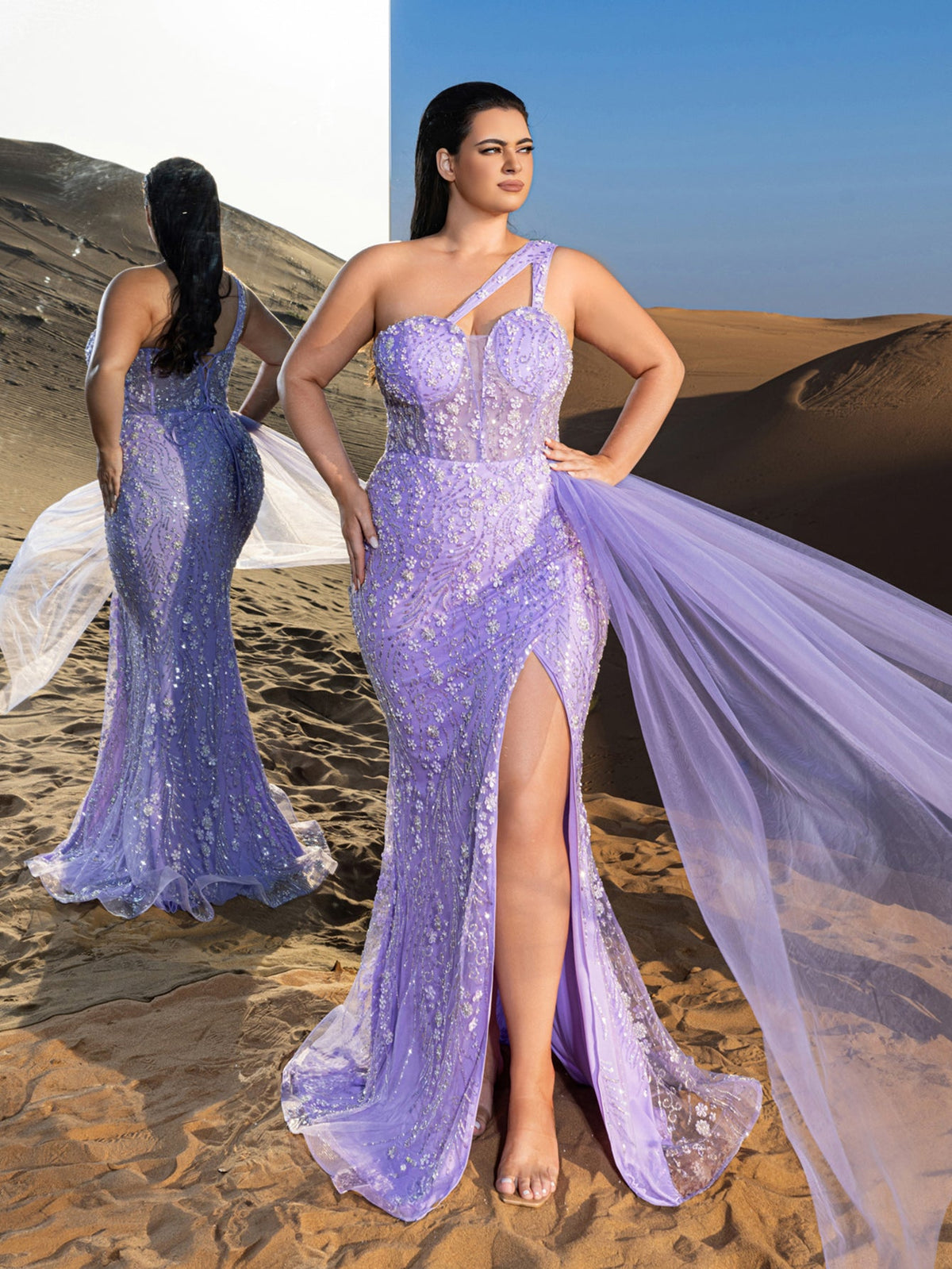 Plus-Size One-Shoulder Split Thigh Mermaid Hem Evening Gown — authorized product image 3