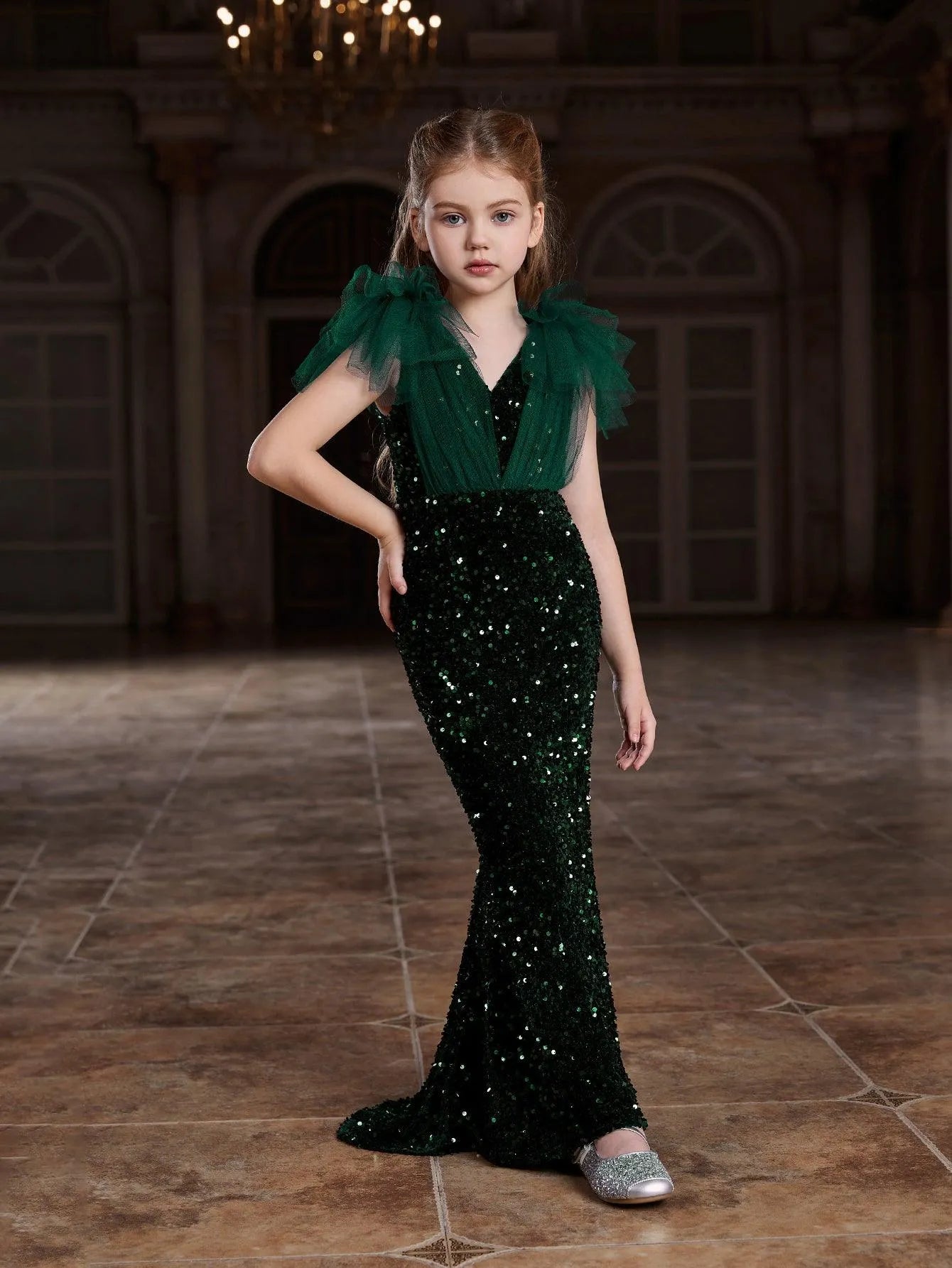 Additional product view of Cloak-Sleeve Mermaid Hem V-Neck Sequin Maxi Tween Girls' Party Dress
