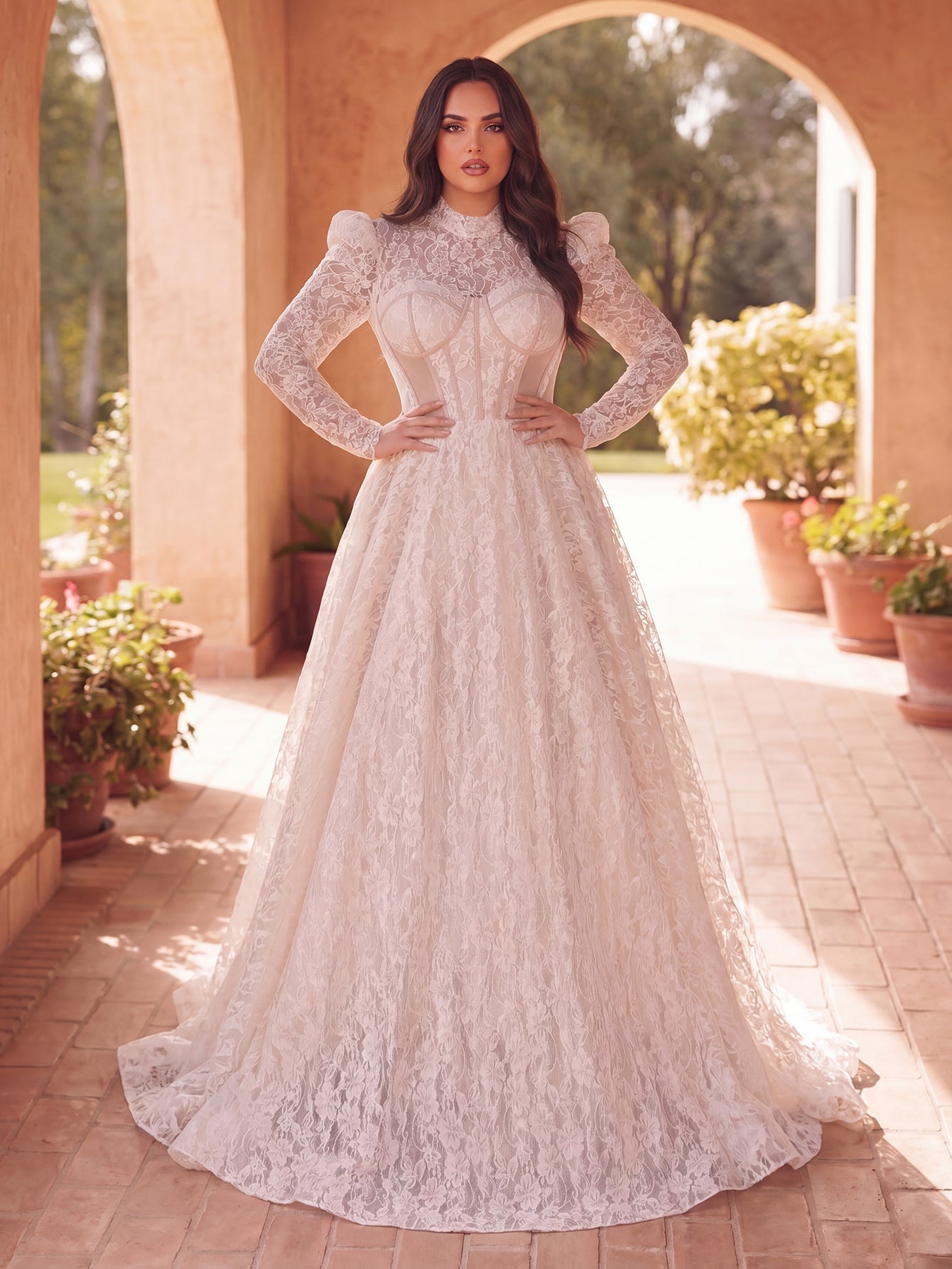 White mock neck lace bridal gown, back view