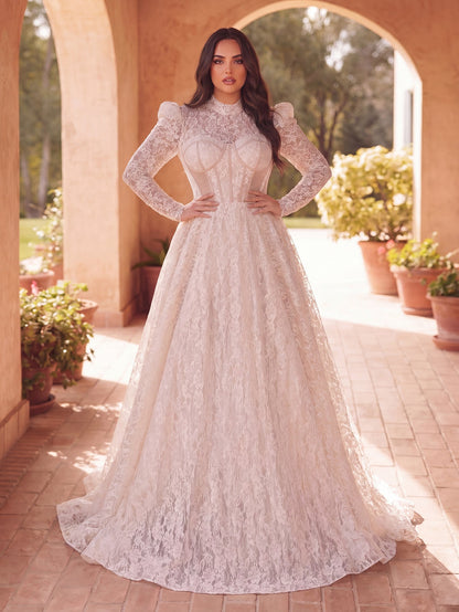 White mock neck lace bridal gown, back view