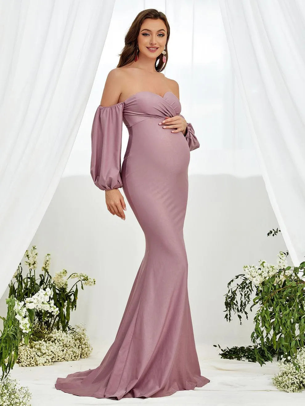 Additional product view of Off-Shoulder Knit Mermaid Long-Sleeve Maxi Maternity Evening Dress