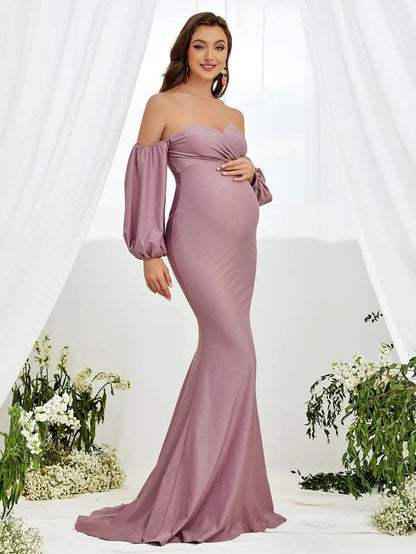 Additional product view of Off-Shoulder Knit Mermaid Long-Sleeve Maxi Maternity Evening Dress