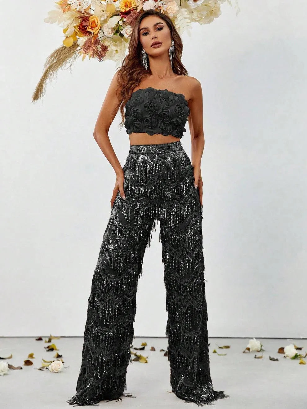Alternate view of Fringe Pants Strapless Sequin Sleeveless Women's Two-Piece Formal Set in Black