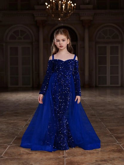 Additional product view of Mesh Overlay Off-Shoulder Sequin Mermaid Long-Sleeve Tween Girls' Party Dress