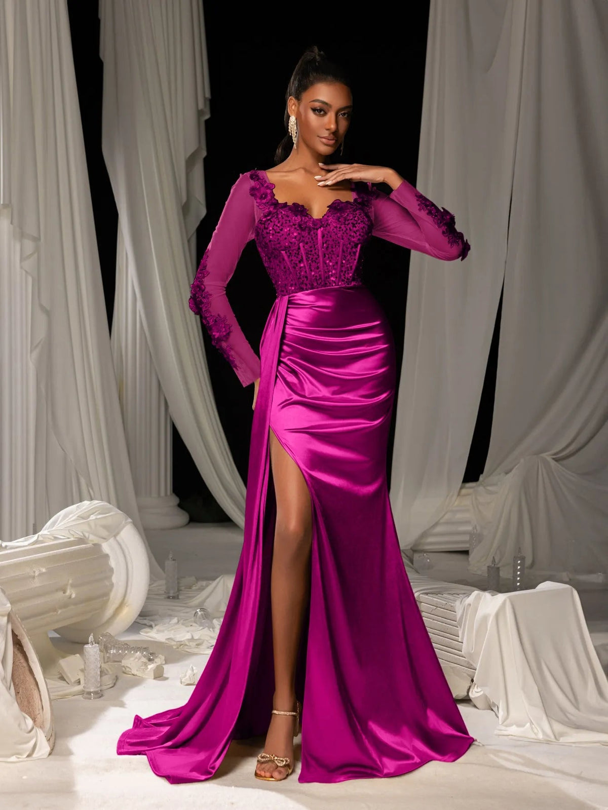 Additional view of Sequin Bodice Sheer Sleeve Mermaid Hem Satin Evening Dress