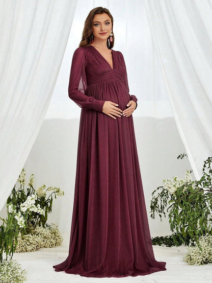 Additional product view of V-Neck Chiffon A-Line Long-Sleeve Maxi Maternity Evening Dress