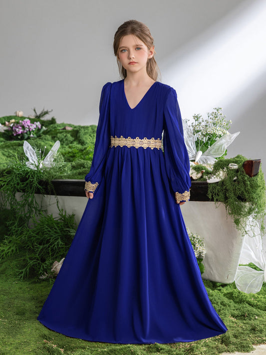 Tween Girls' Lace Trim Decoration V-neck Bishop Sleeves Chiffon Party Dress – view 13