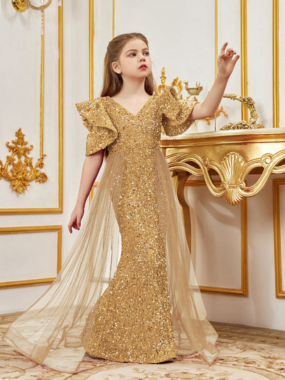 Additional product view of Mesh Overlay V-Neck Sequin Mermaid Short-Sleeve Tween Girls' Party Dress