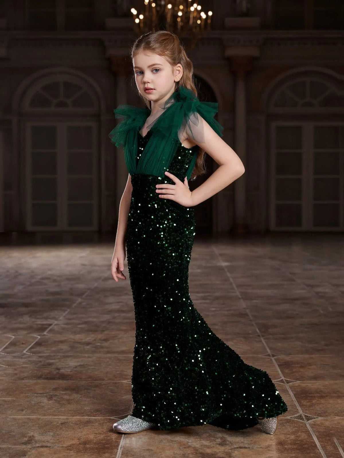 Additional product view of Cloak-Sleeve Mermaid Hem V-Neck Sequin Maxi Tween Girls' Party Dress