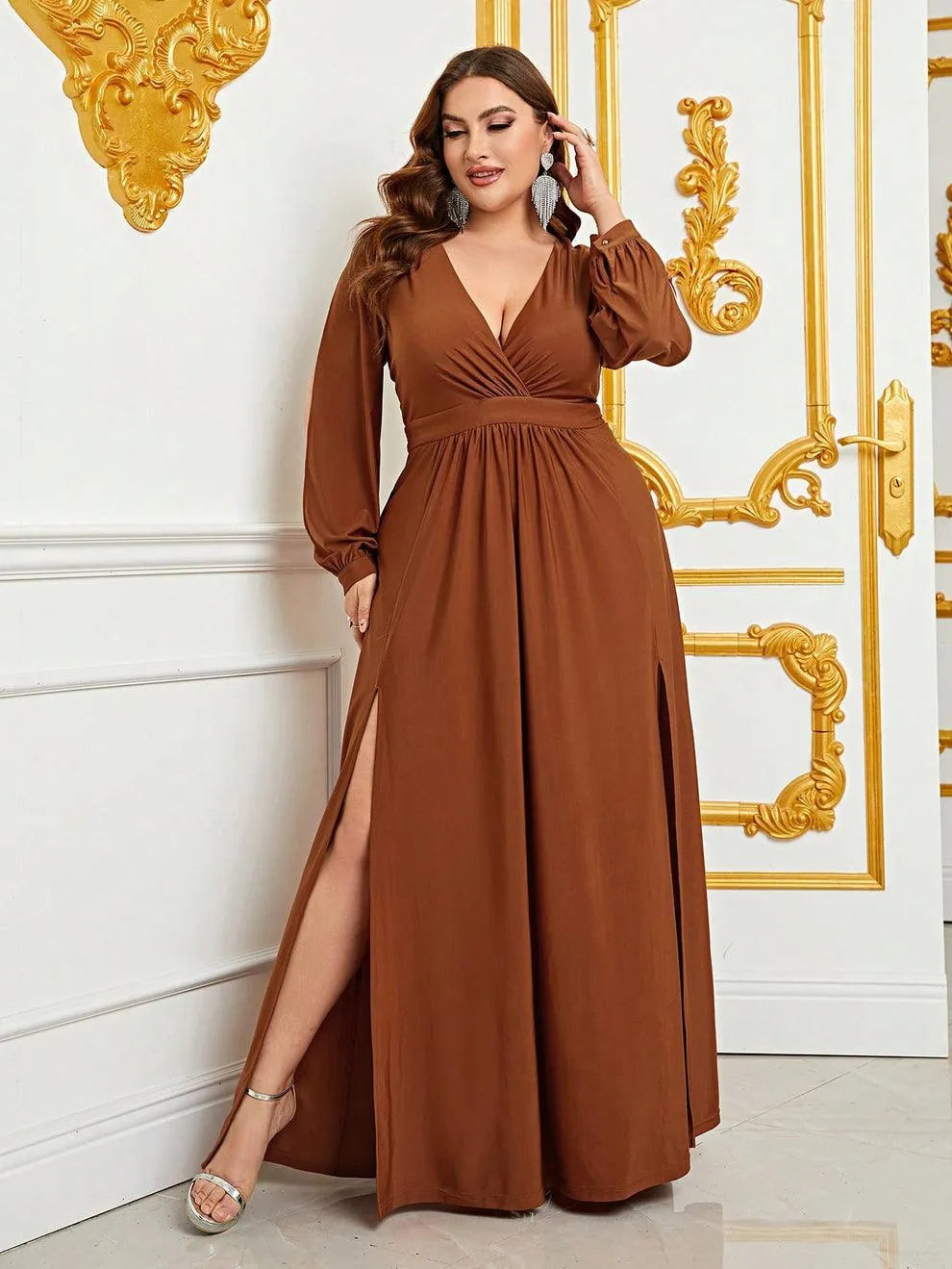 Alternate view of Plunging-Neck High-Slit Plus-Size V-Neck Knit Evening Gown in Brown
