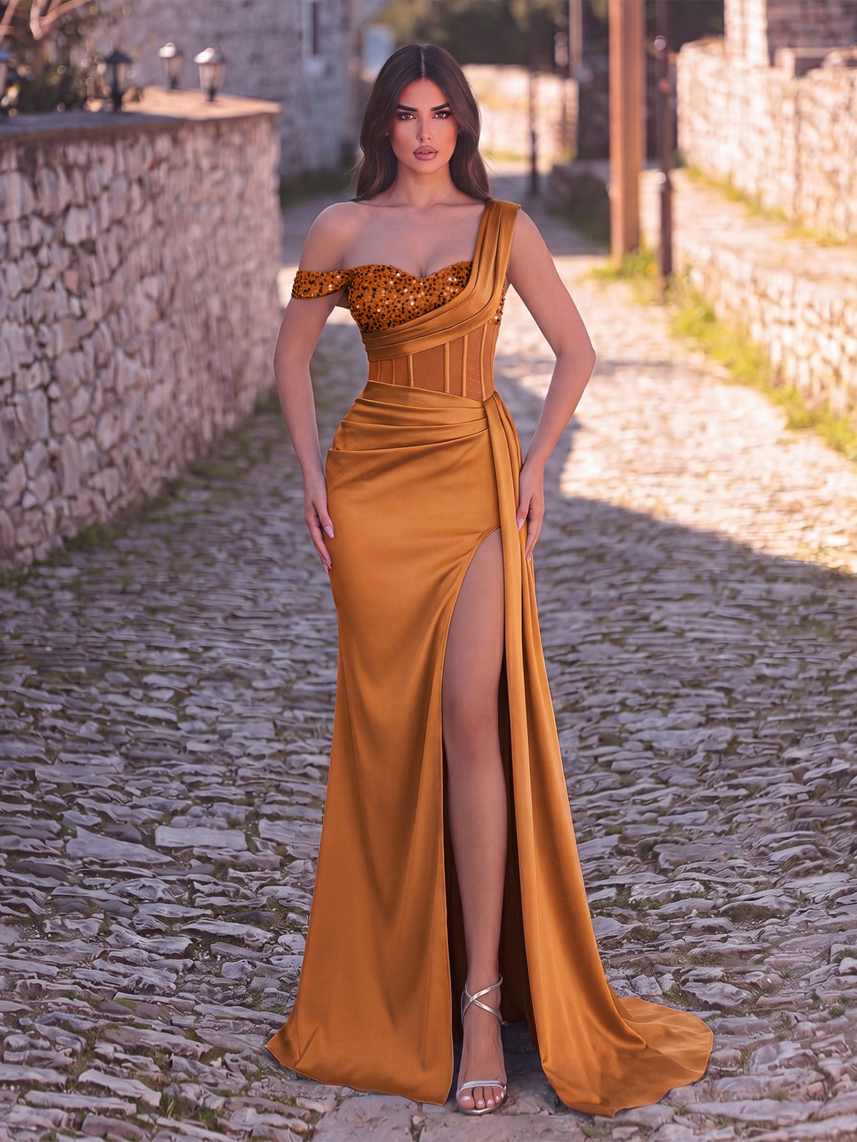 Elegant Asymmetrical Neck Split Mermaid Hem Satin Evening Dress