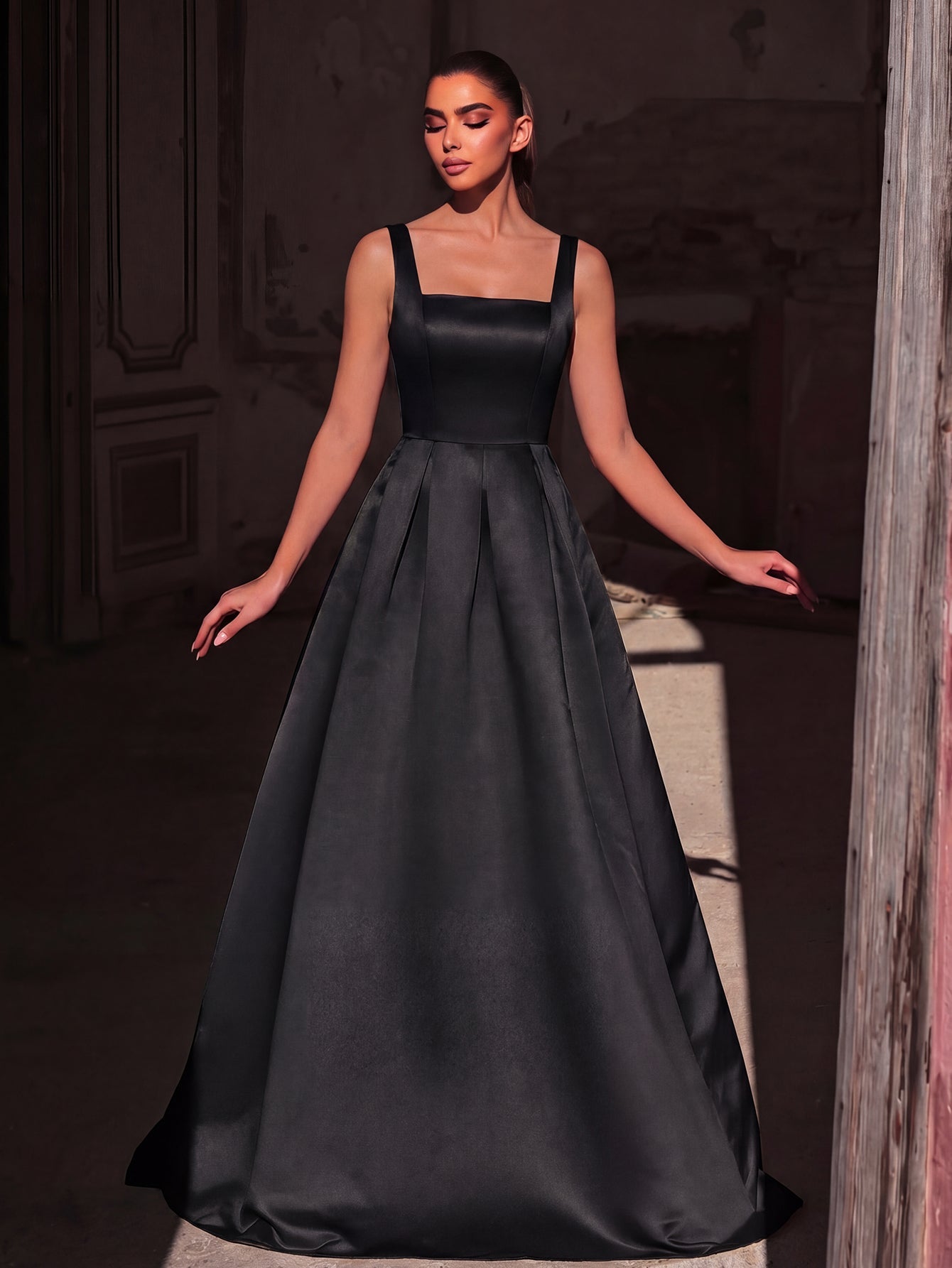 Alternate view of Lace-Up Back Square-Neck A-Line Sleeveless Maxi Evening Gown in Black