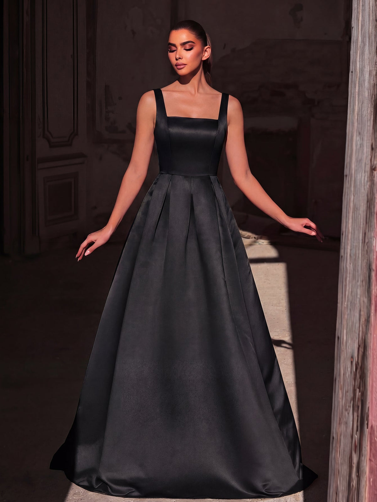 Alternate view of Lace-Up Back Square-Neck A-Line Sleeveless Maxi Evening Gown in Black
