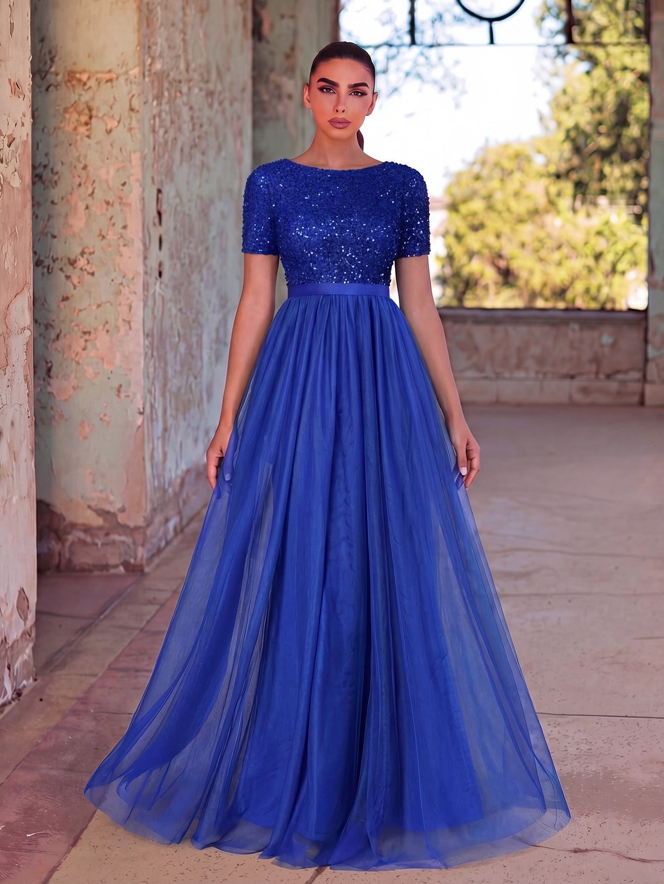 Alternate view of Tulle Skirt Boat-Neck Sequin A-Line Short-Sleeve Evening Gown in Royal Bllue