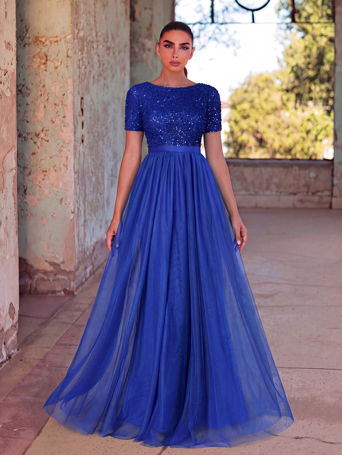 Alternate view of Tulle Skirt Boat-Neck Sequin A-Line Short-Sleeve Evening Gown in Royal Bllue