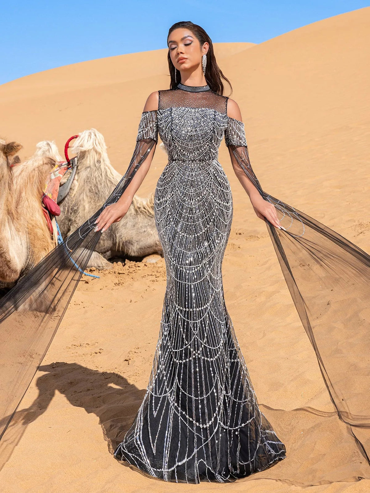 Luxury Gorgeous Rhinestone Detail Cape Sleeves Mermaid Hem Beaded Seuqin Evening Dress – view 10