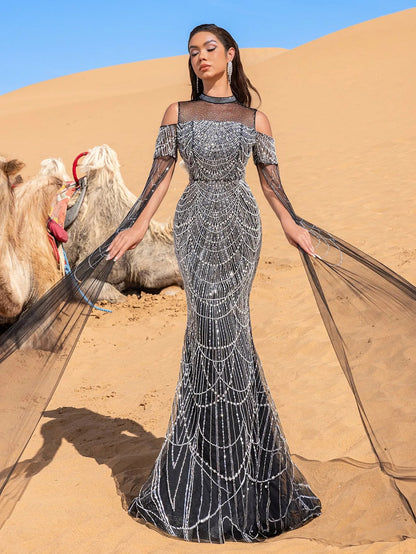 Luxury Gorgeous Rhinestone Detail Cape Sleeves Mermaid Hem Beaded Seuqin Evening Dress – view 10
