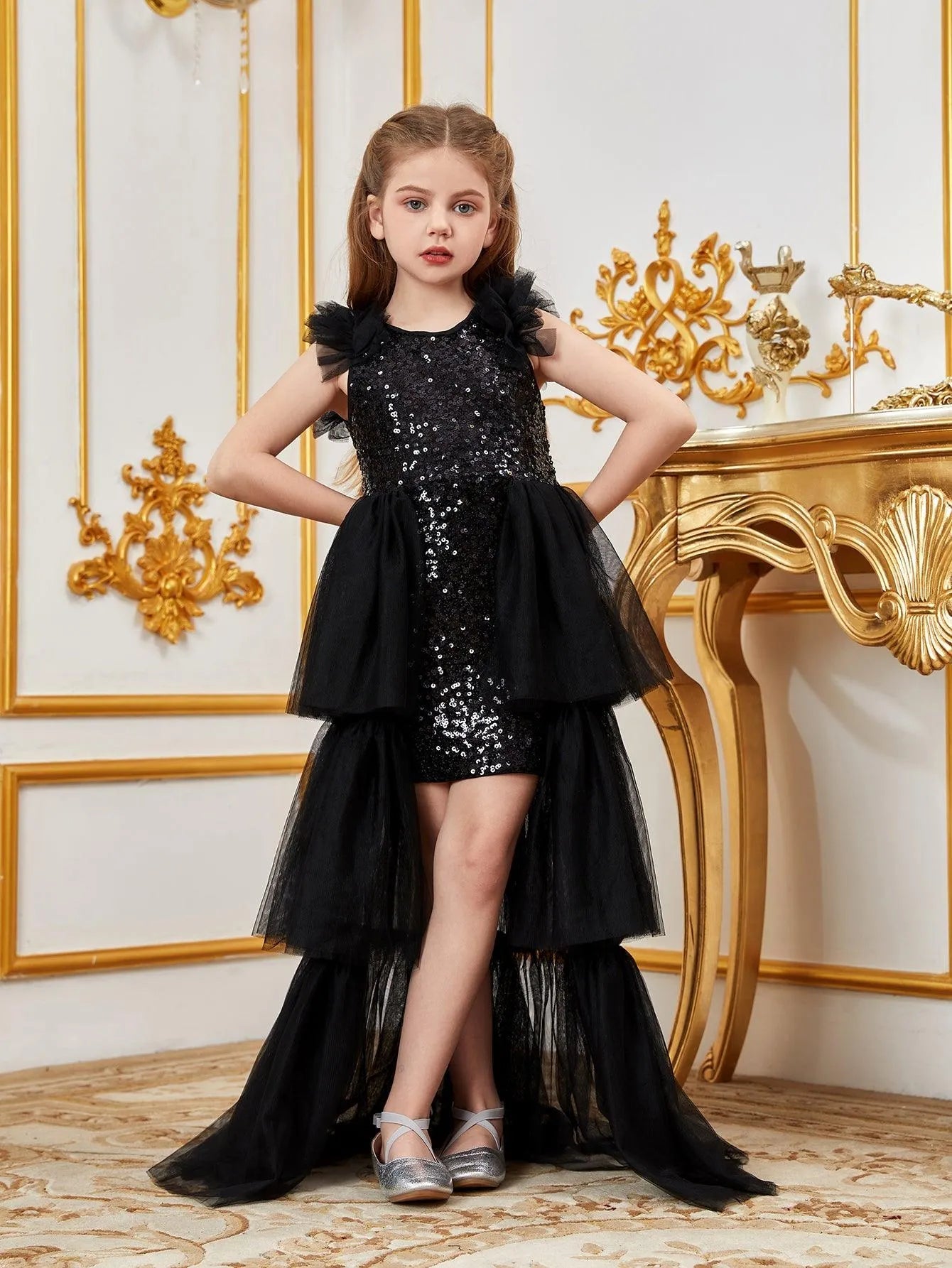 Additional product view of Layered Hem Sequin A-Line Sleeveless Mesh Midi Tween Girls' Party Dress