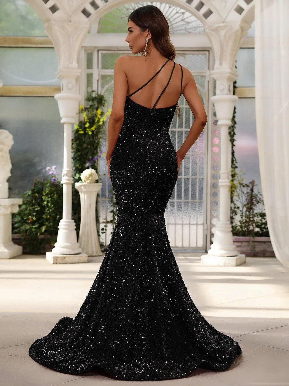 Additional product view of One-Shoulder Sequin Mermaid Sleeveless Maxi Evening Gown