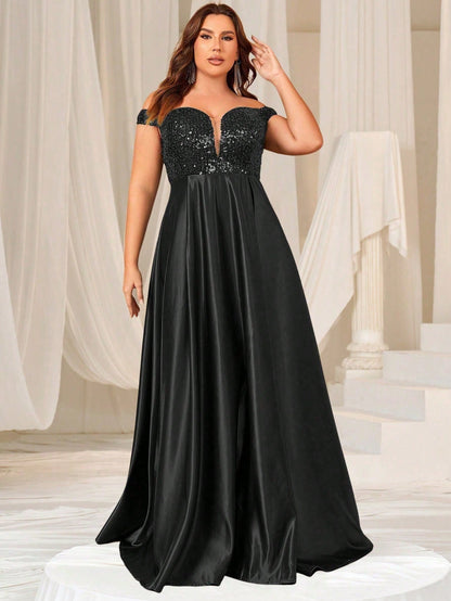 Plus Sweetheart Neckline Contrast Sequin Satin Prom Dress