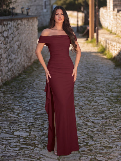 Additional product view of High-Slit Off-Shoulder Knit Bodycon Short-Sleeve Evening Gown