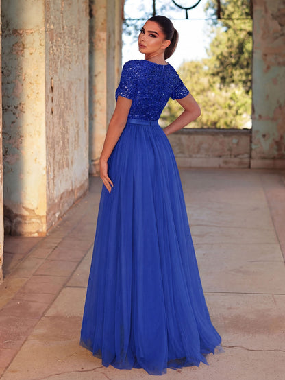 Additional product view of Tulle Skirt Boat-Neck Sequin A-Line Short-Sleeve Evening Gown