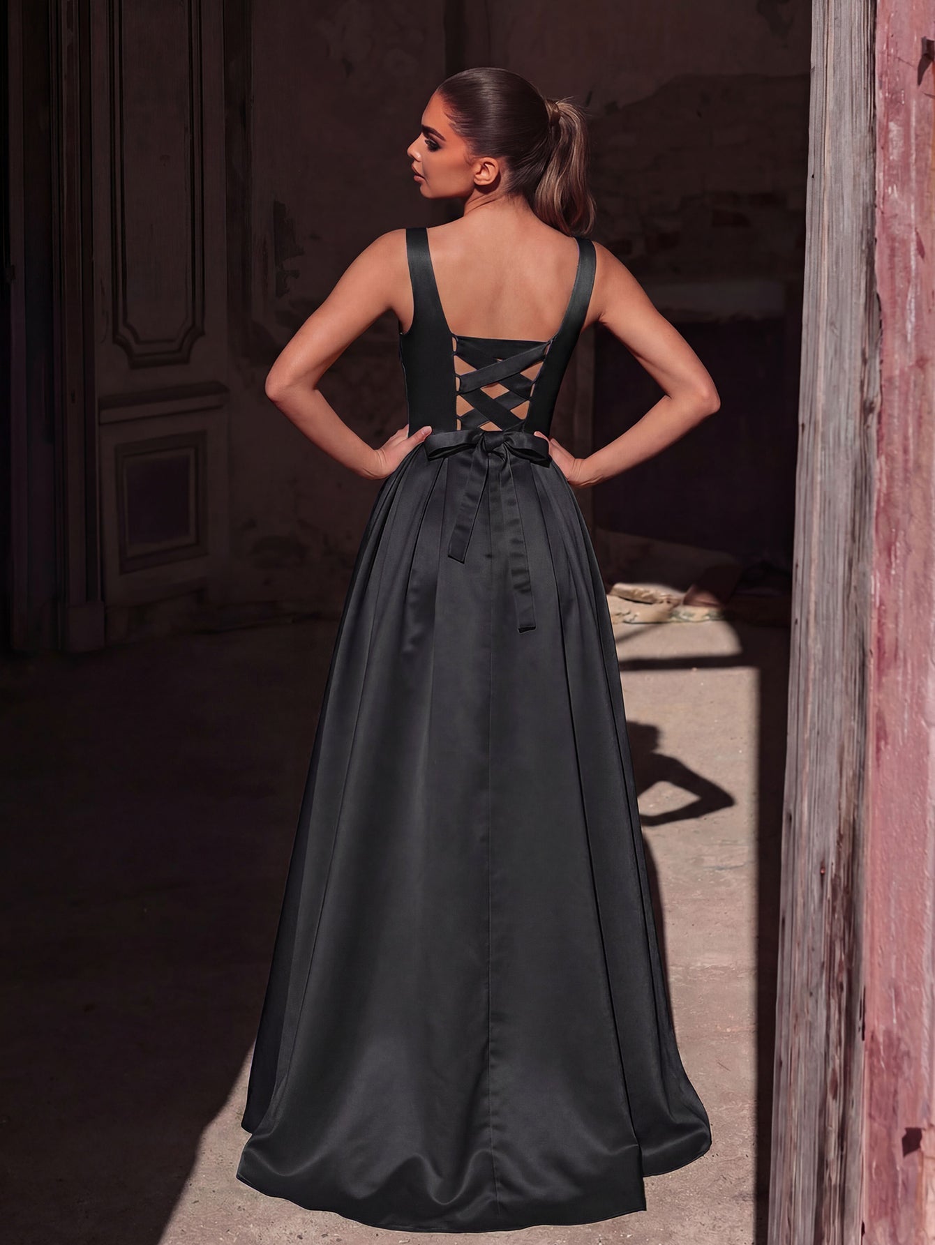 Additional product view of Lace-Up Back Square-Neck A-Line Sleeveless Maxi Evening Gown