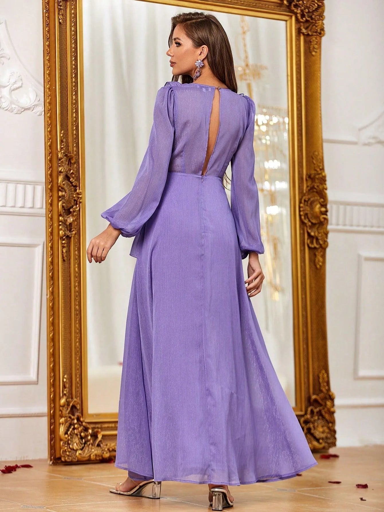 Additional product view of Ruffle Trim V-Neck Chiffon High-Slit A-Line Maxi Formal Dress