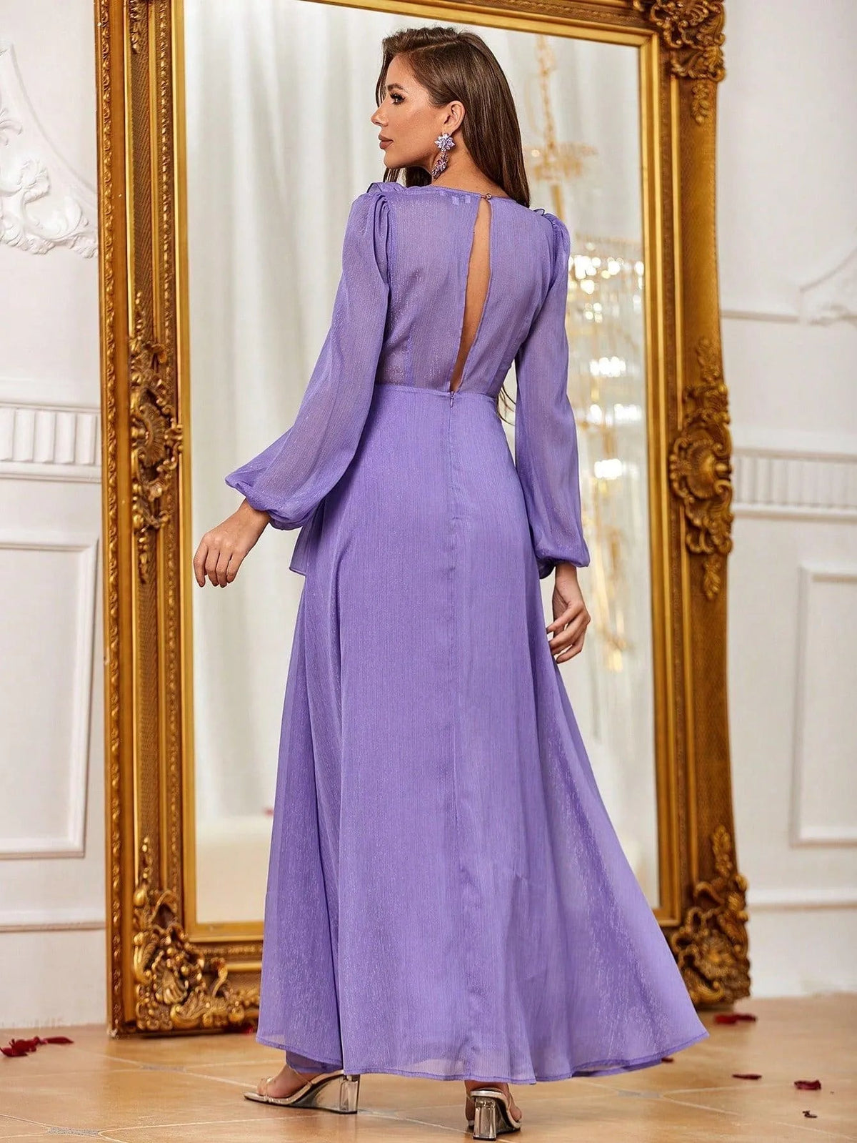 Additional product view of Ruffle Trim V-Neck Chiffon High-Slit A-Line Maxi Formal Dress