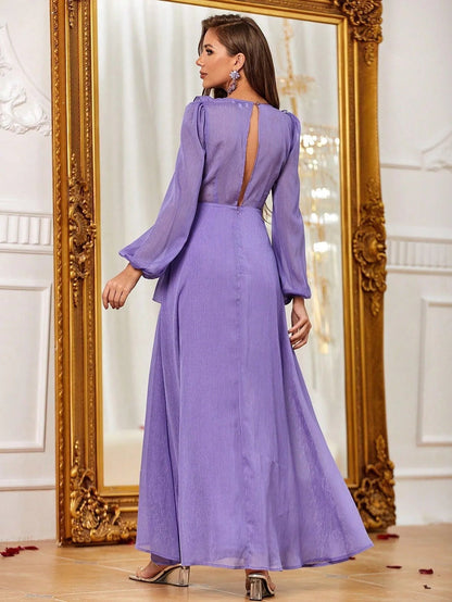 Additional product view of Ruffle Trim V-Neck Chiffon High-Slit A-Line Maxi Formal Dress