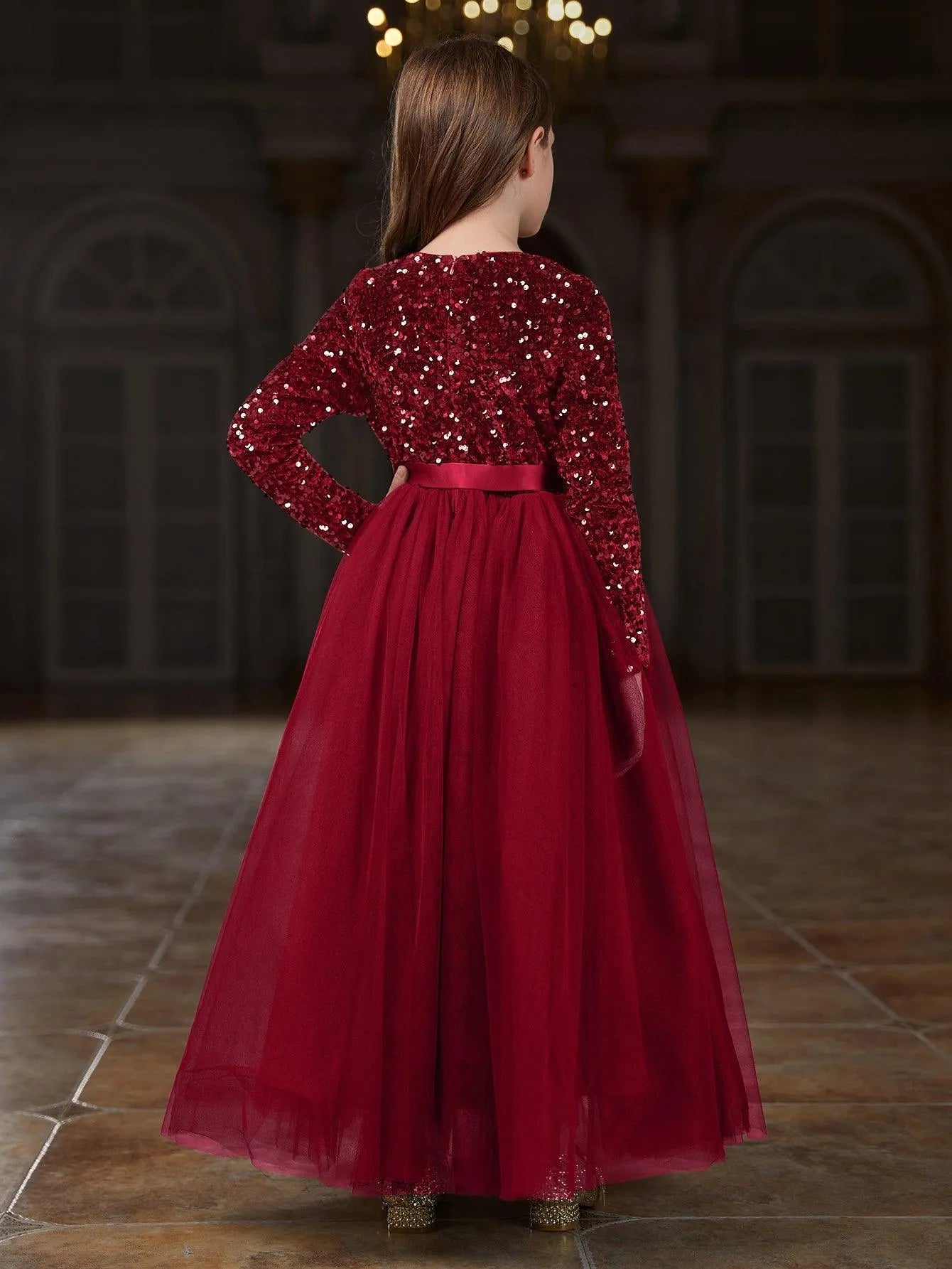 Additional product view of Sequin A-Line Long-Sleeve Mesh Maxi Tween Girls' Party Dress