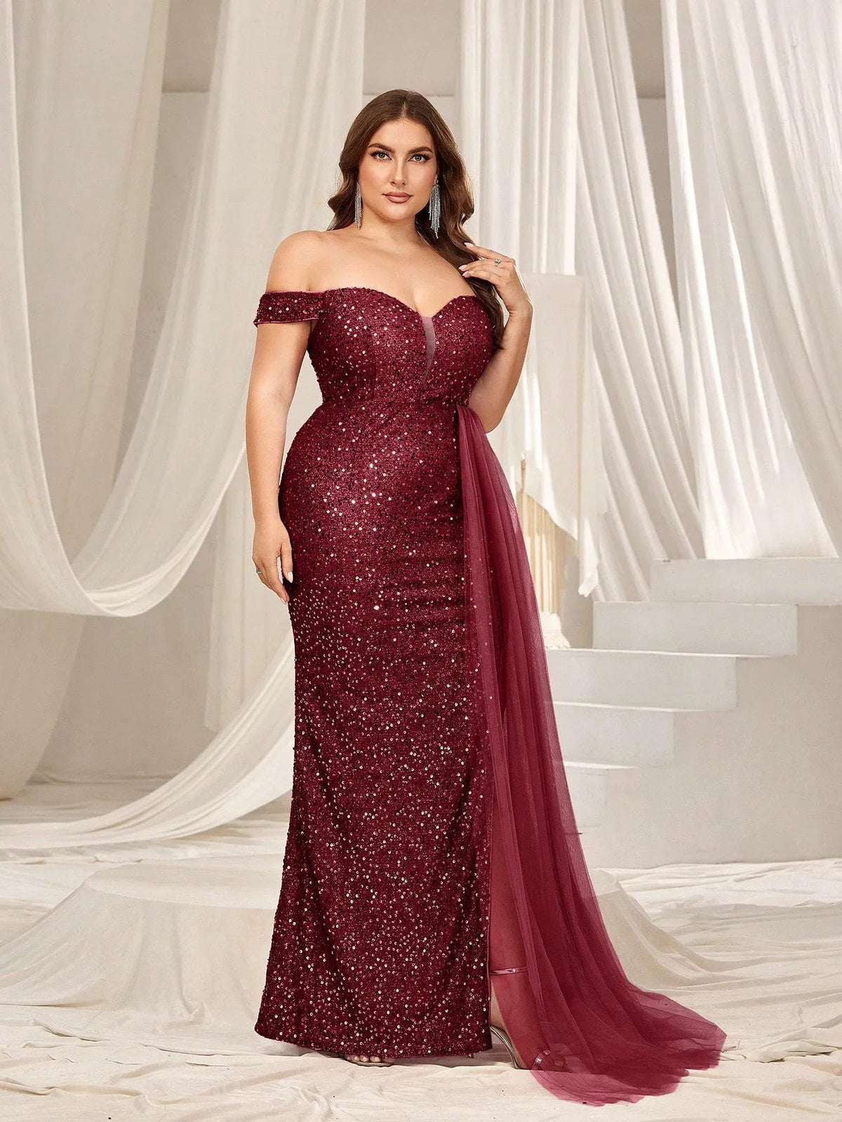 Plus-Size Off-Shoulder Split Thigh Sequin Formal Dress — authorized product image 4