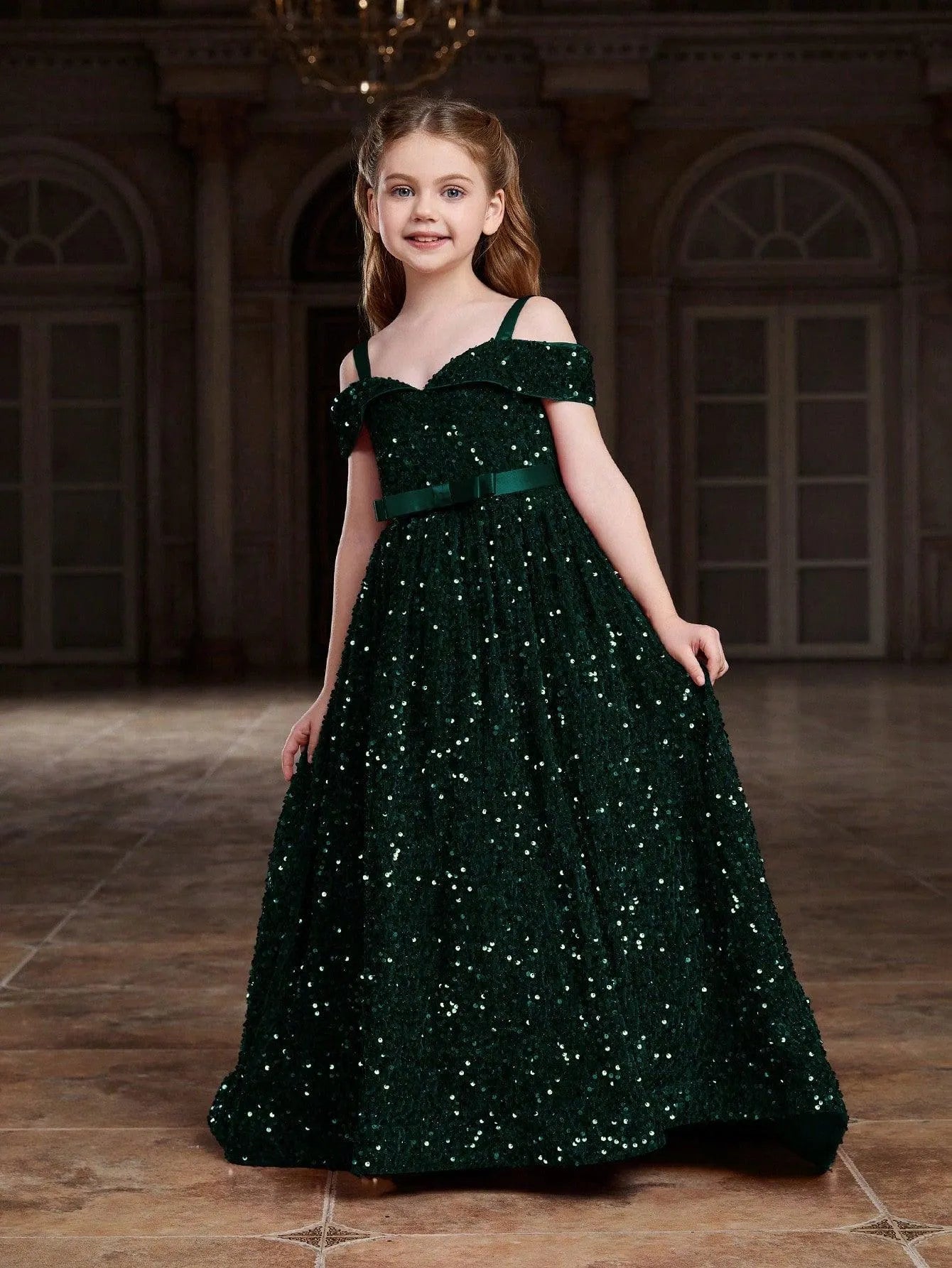 Additional product view of High-Low Hem Off-Shoulder Sequin A-Line Short-Sleeve Tween Girls' Party Dress