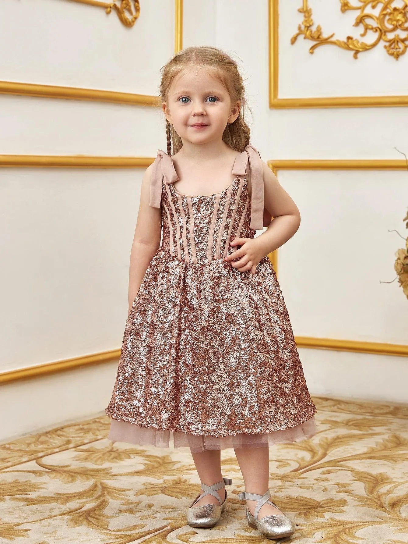 Additional product view of Cami Strap Sequin A-Line Sleeveless Midi Young Girls' Party Dress