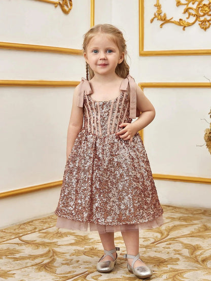 Additional product view of Cami Strap Sequin A-Line Sleeveless Midi Young Girls' Party Dress