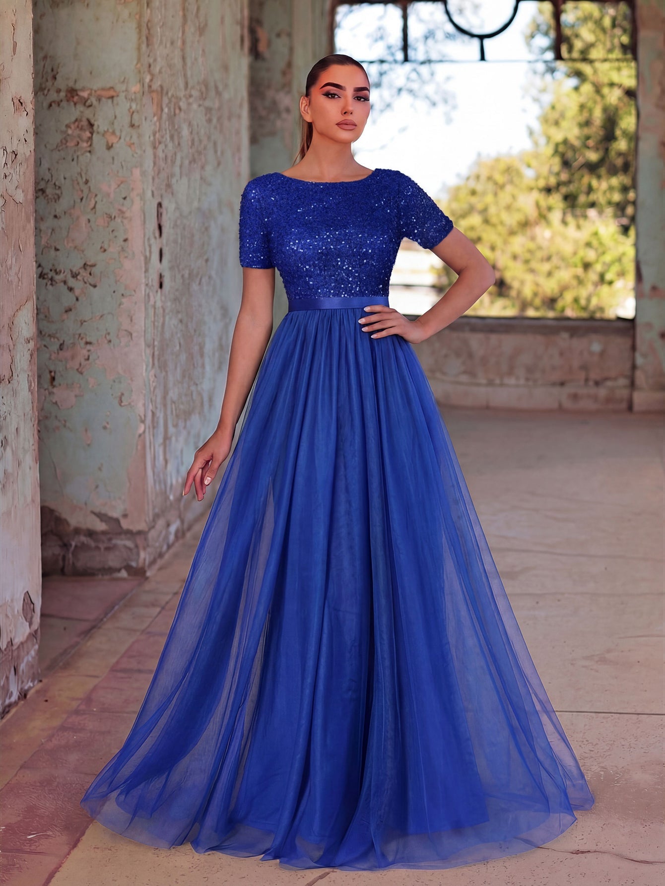 Additional product view of Tulle Skirt Boat-Neck Sequin A-Line Short-Sleeve Evening Gown