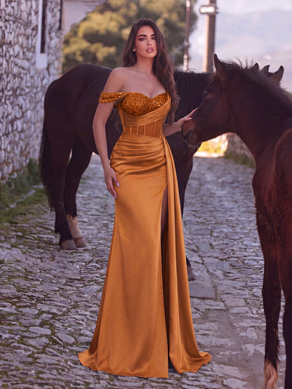 Elegant Asymmetrical Neck Split Mermaid Hem Satin Evening Dress