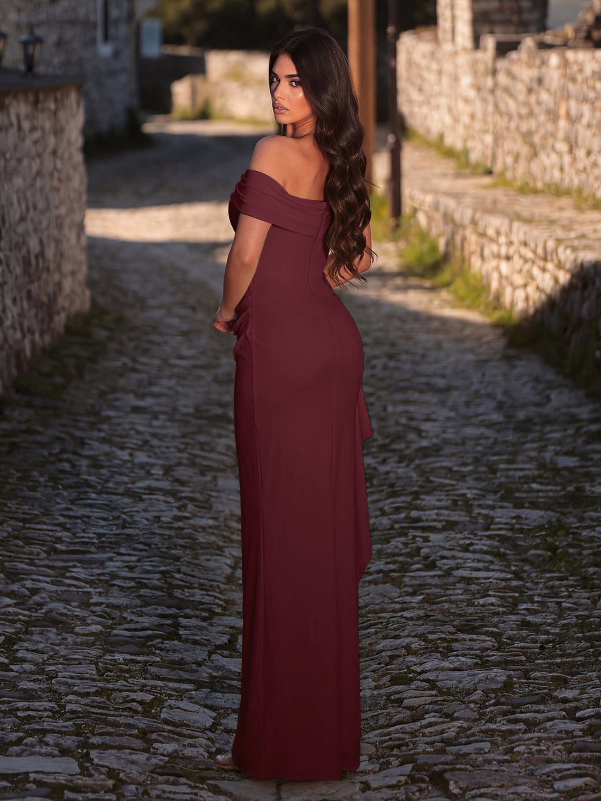 Additional product view of High-Slit Off-Shoulder Knit Bodycon Short-Sleeve Evening Gown