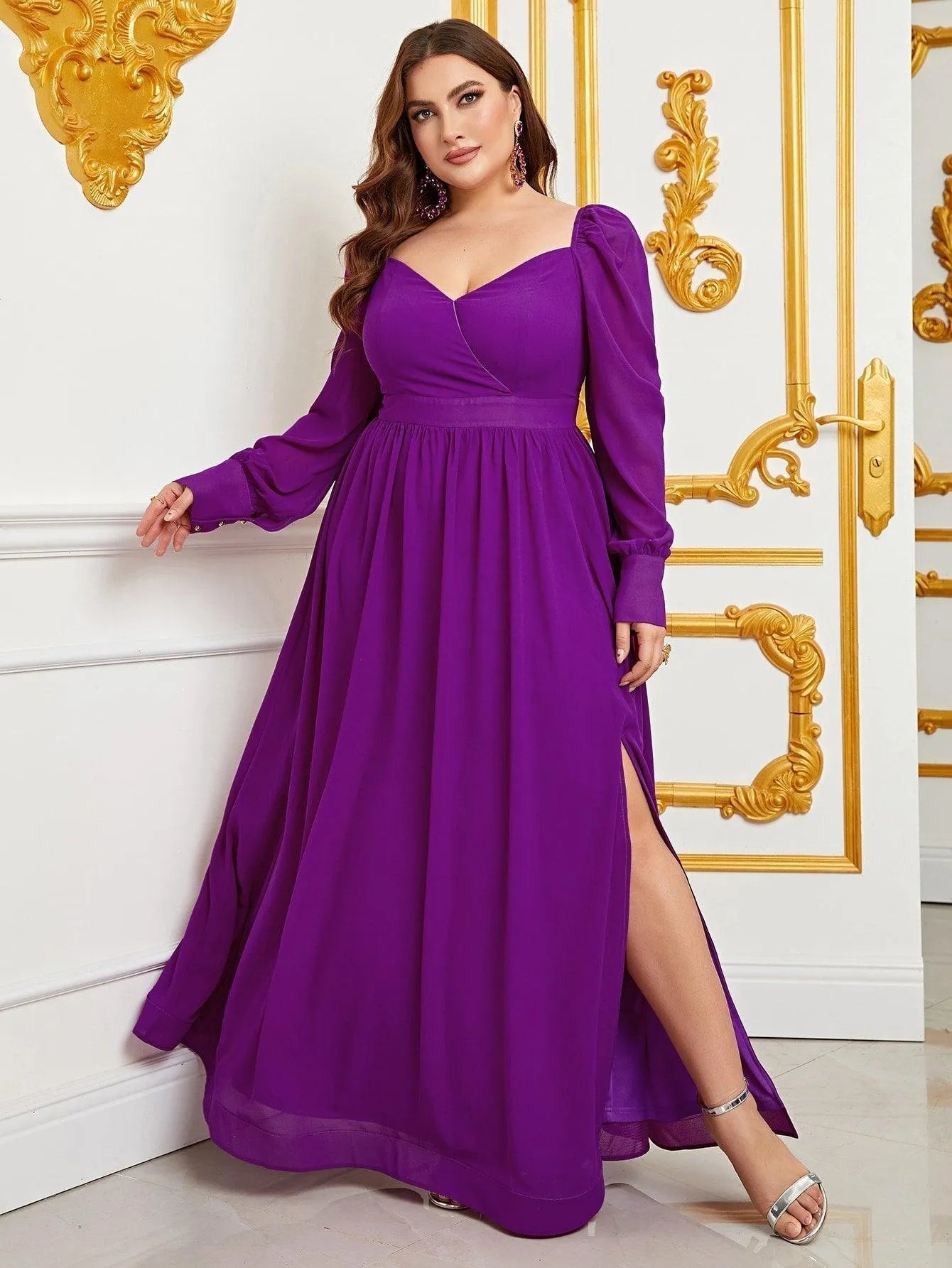Plus Sweetheart Neck Backless Long Sleeve Chiffon A line Dress
