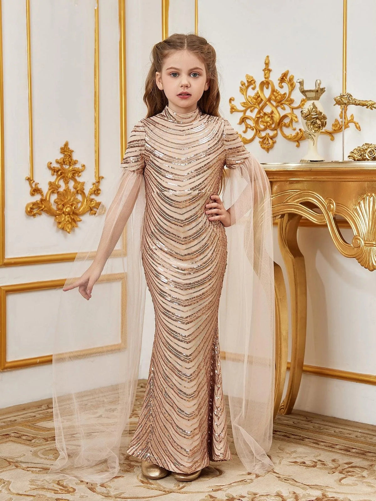 Tween Girls' High Neck Sequin Cape Mermaid Formal Gown — authorized product image 13