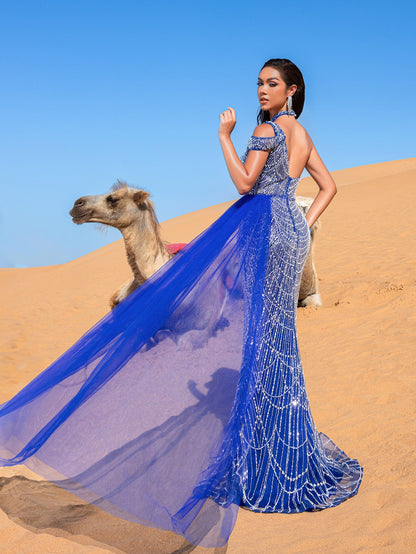Gorgeous Asymmetrical Neck Draped Side Split Mermaid Hem Beaded Formal Dress Evening Gown – view 10
