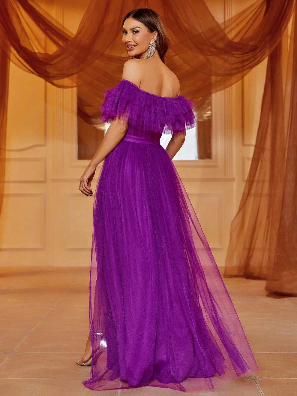 Additional product view of Ruffle Trim High-Slit Off-Shoulder Mesh A-Line Evening Gown