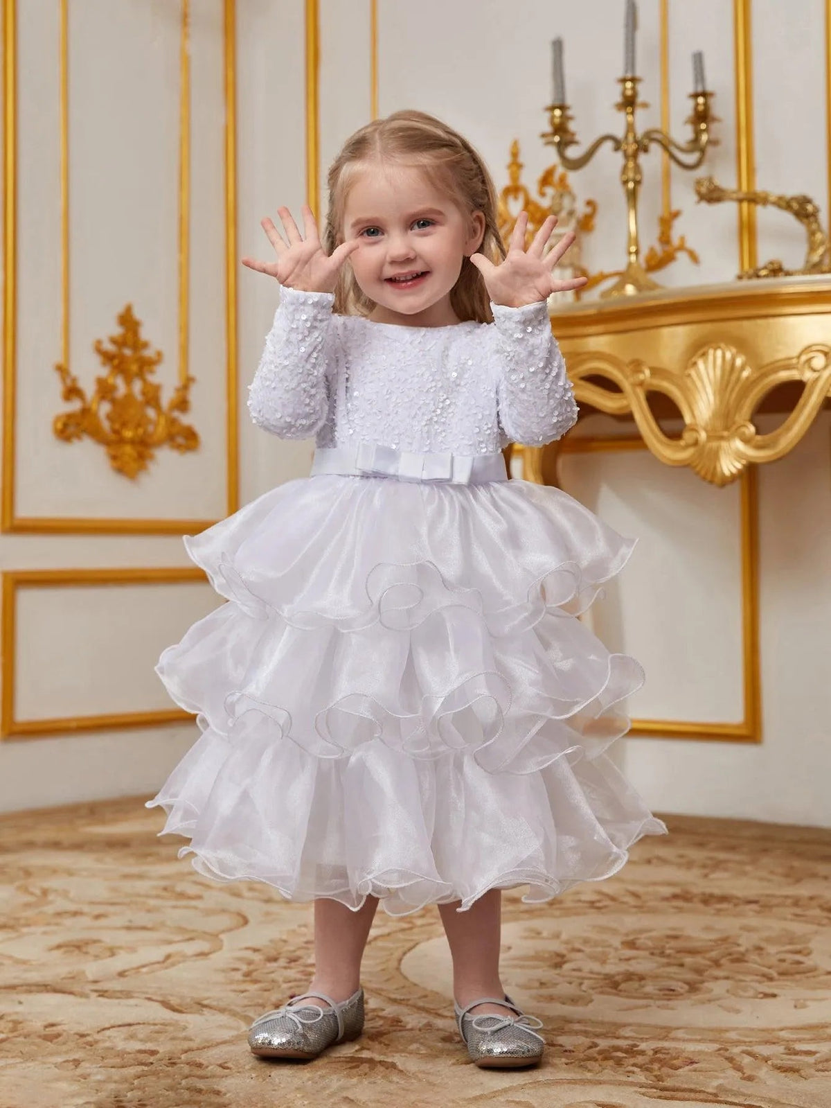 Young Girls' Round Neck Sequin Long-Sleeve A-Line Formal Dress — authorized product image 4