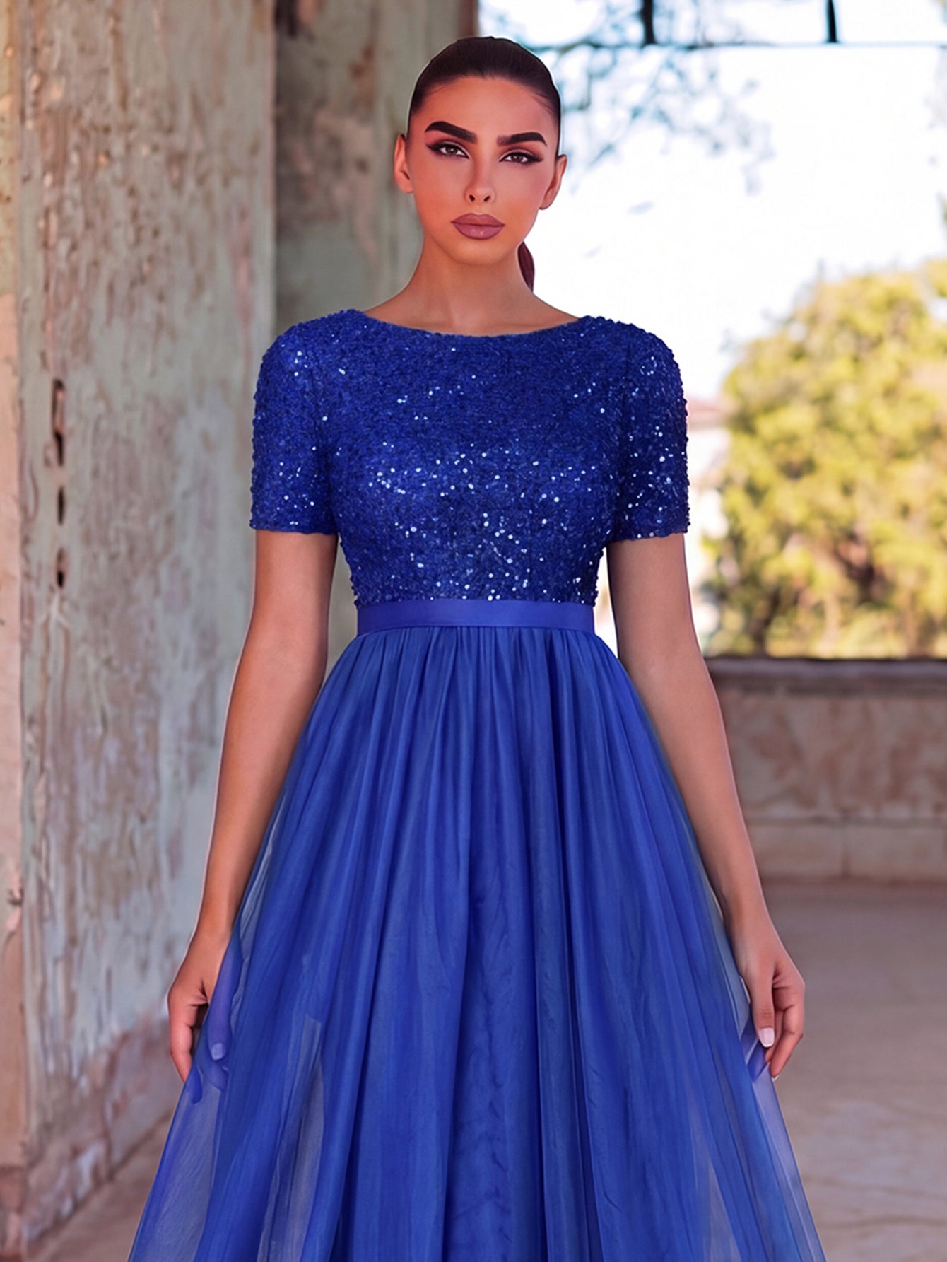 Additional product view of Tulle Skirt Boat-Neck Sequin A-Line Short-Sleeve Evening Gown